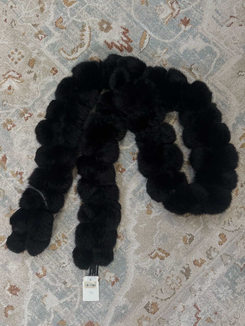 Cejon Genuine Black Rabbit Hand Strung Fur Ball Stole Scarf 70” Long NWT
